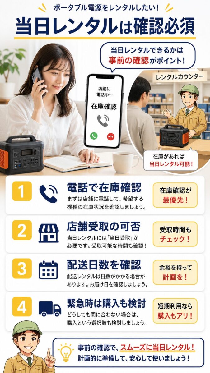 ポータブル電源を店舗で当日レンタルしたい場合の確認手順を示す画像