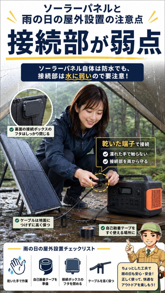 雨天のキャンプ場でソーラーパネルの接続部を乾いた状態で防水処理する