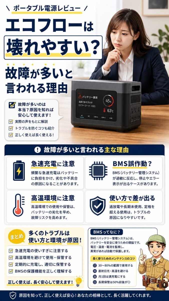 EcoFlowが壊れやすいと言われる理由やバッテリー管理の注意点を説明する画像