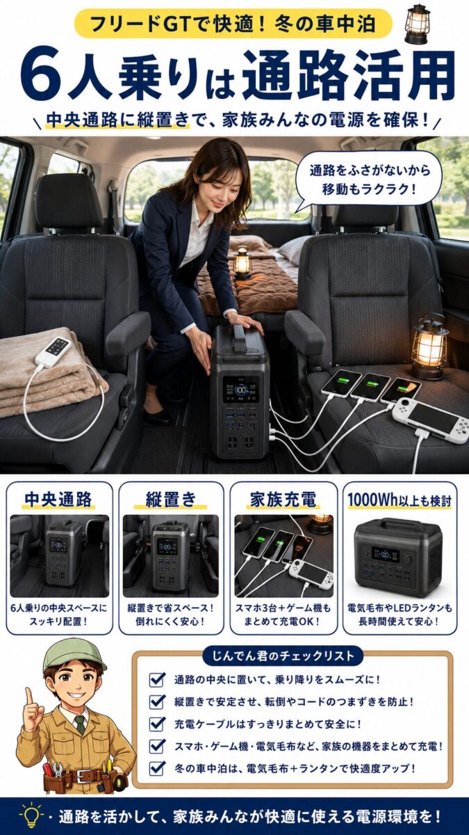 フリード6人乗りの中央通路にポータブル電源を置く車中泊レイアウト画像