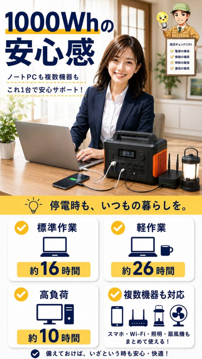 1000Whのポータブル電源でノートパソコンや複数機器を使う時間の目安を示す画像