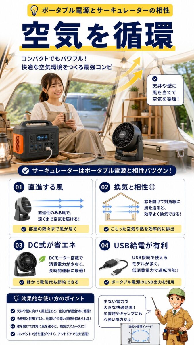 ポータブル電源とサーキュレーターを組み合わせて空気を循環させる画像