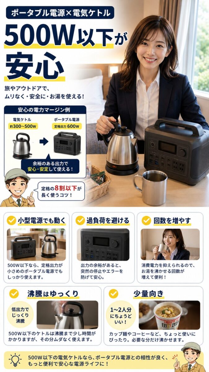 500W以下の低消費電力ケトルがポータブル電源と相性が良い理由を示す画像
