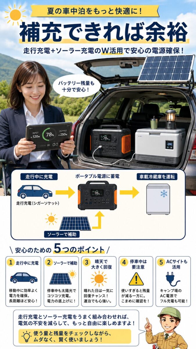 車中泊中に走行充電とソーラー充電を組み合わせてポータブル電源を補充する画像