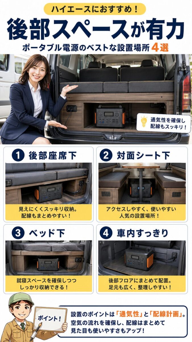 ハイエースの後部座席下や対面シート下にポータブル電源を収納する設置方法を示す画像 H3-4｜