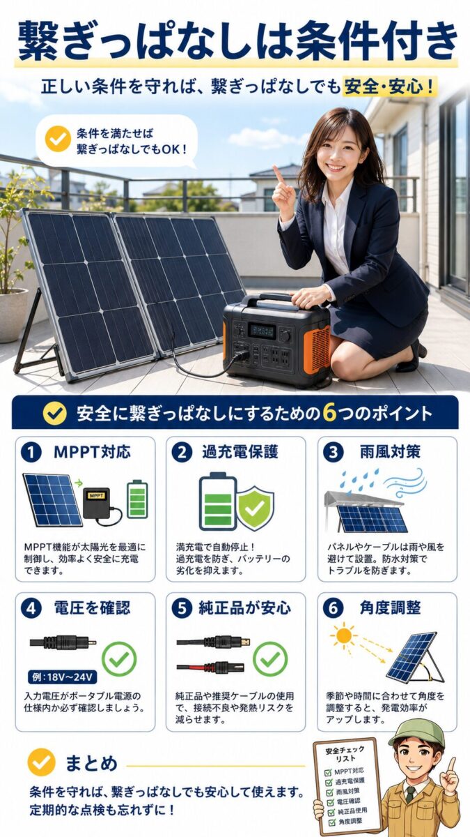 ソーラーパネルをポータブル電源に繋ぎっぱなしにする条件と注意点を示す画像