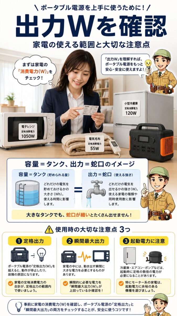ポータブル電源の出力Wと起動電力の注意点を説明した画像