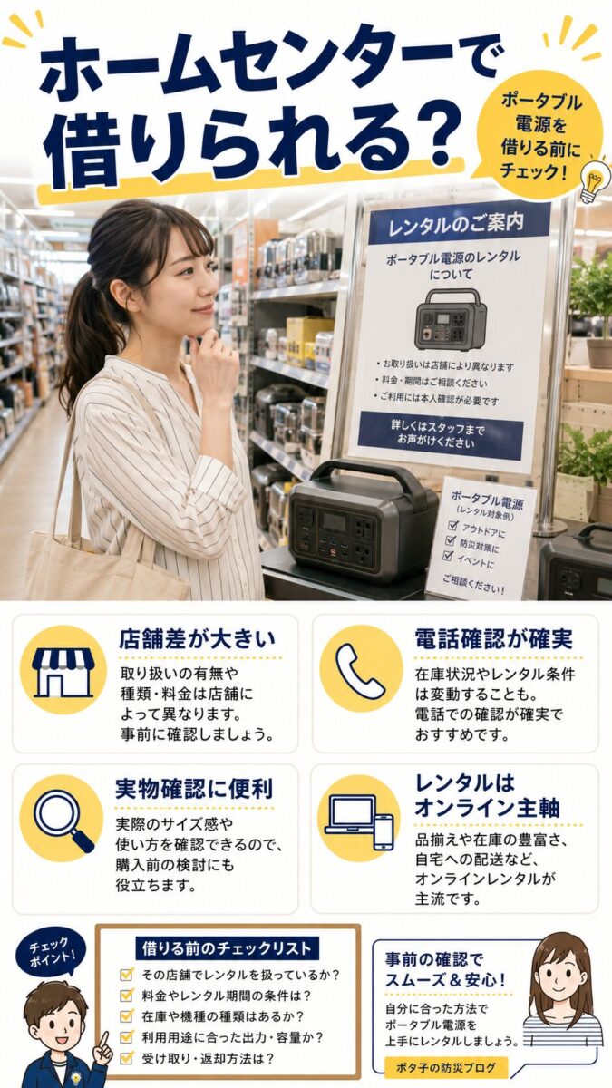 ホームセンターでポータブル電源レンタルを確認する場面の画像