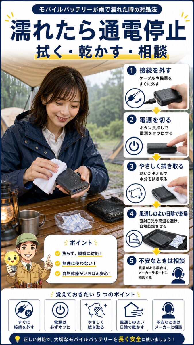 雨で濡れたモバイルバッテリーの通電を止めて水分を拭き取り日陰で乾燥させる