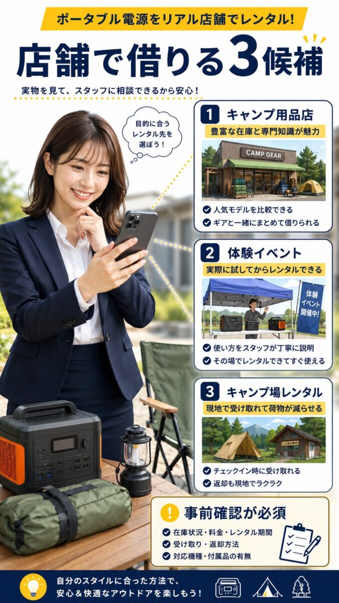 ポータブル電源を店舗で借りる現実的な3つの方法を示した画像
