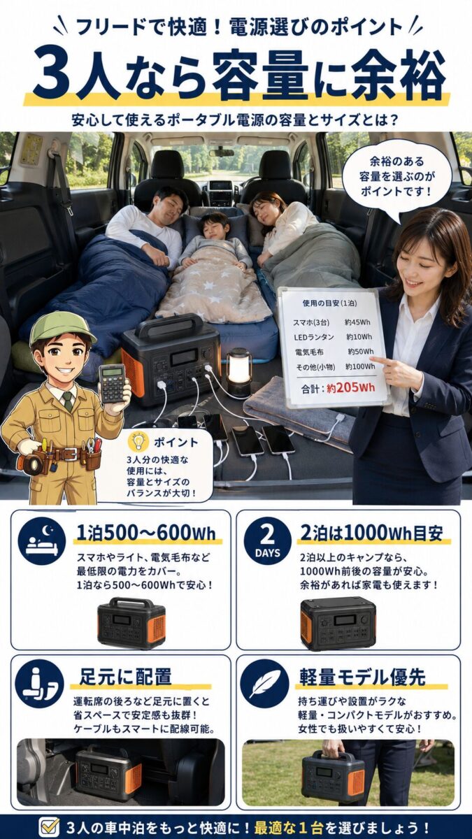 フリードで3人車中泊をする際のポータブル電源容量と設置場所を示す画像
