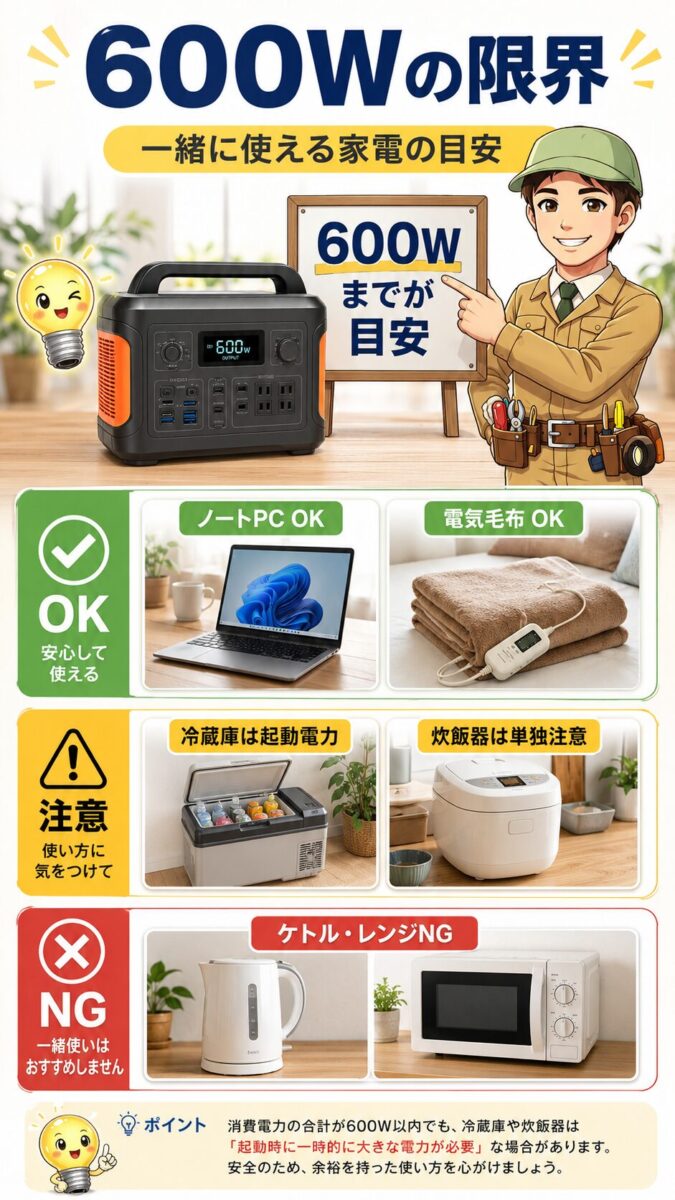 600Wのポータブル電源で使える家電とノートパソコンの同時使用の注意点を示す画像