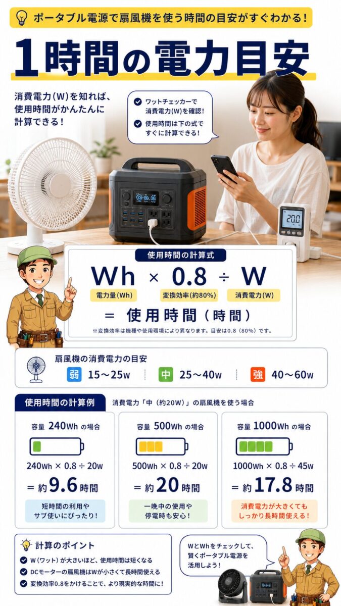 扇風機の1時間あたりの消費電力からポータブル電源の使用時間を計算する画像