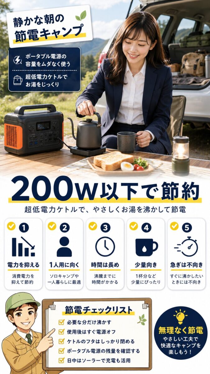 200W以下の電気ケトルでポータブル電源の消費を抑える使い方を示す画像