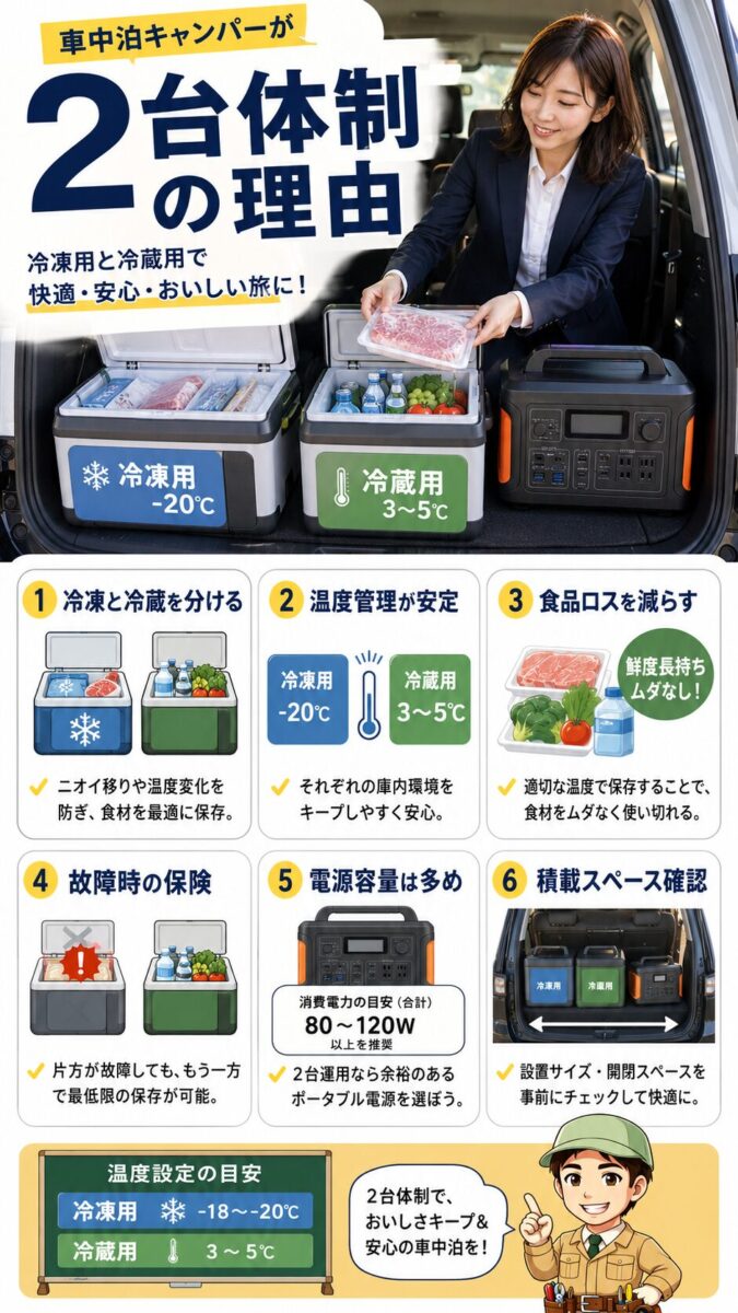 車中泊で冷蔵庫を2台持ちする理由と温度管理のメリットを説明する画像