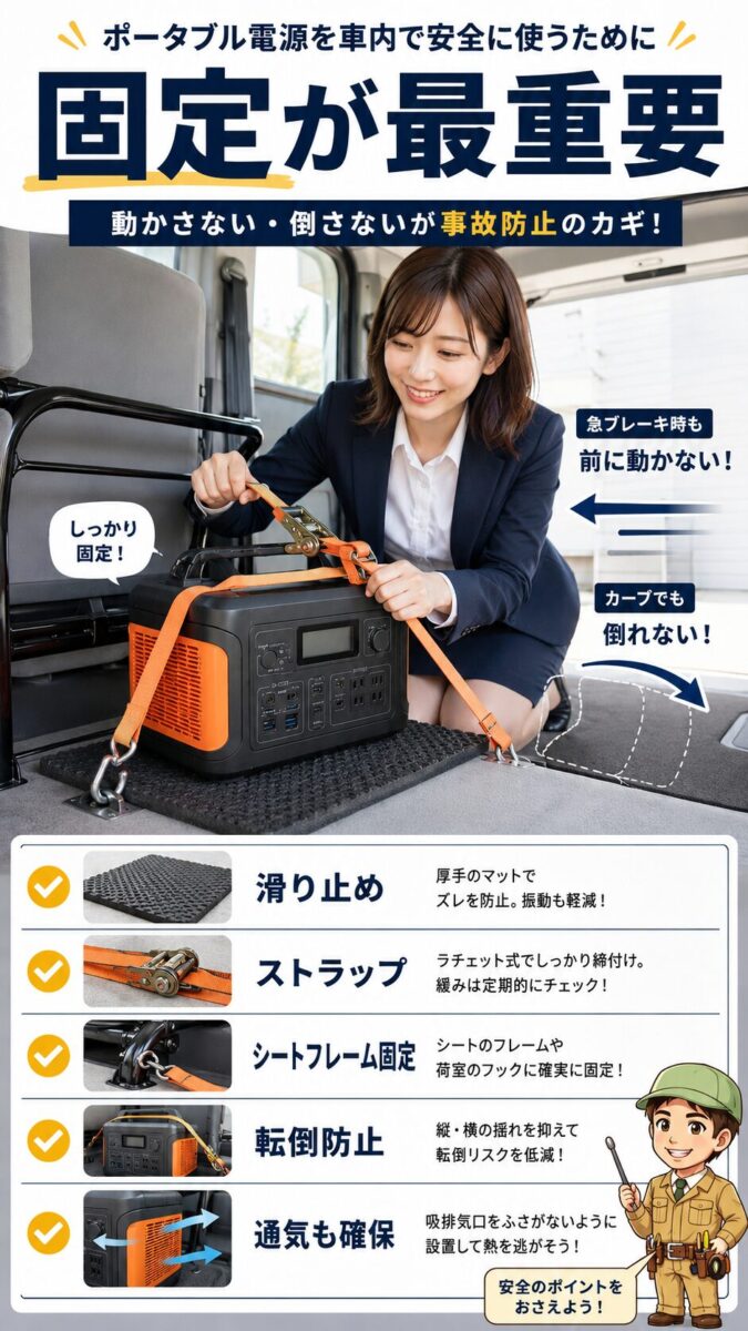車内のポータブル電源を滑り止めマットとラチェットストラップで固定する安全対策画像