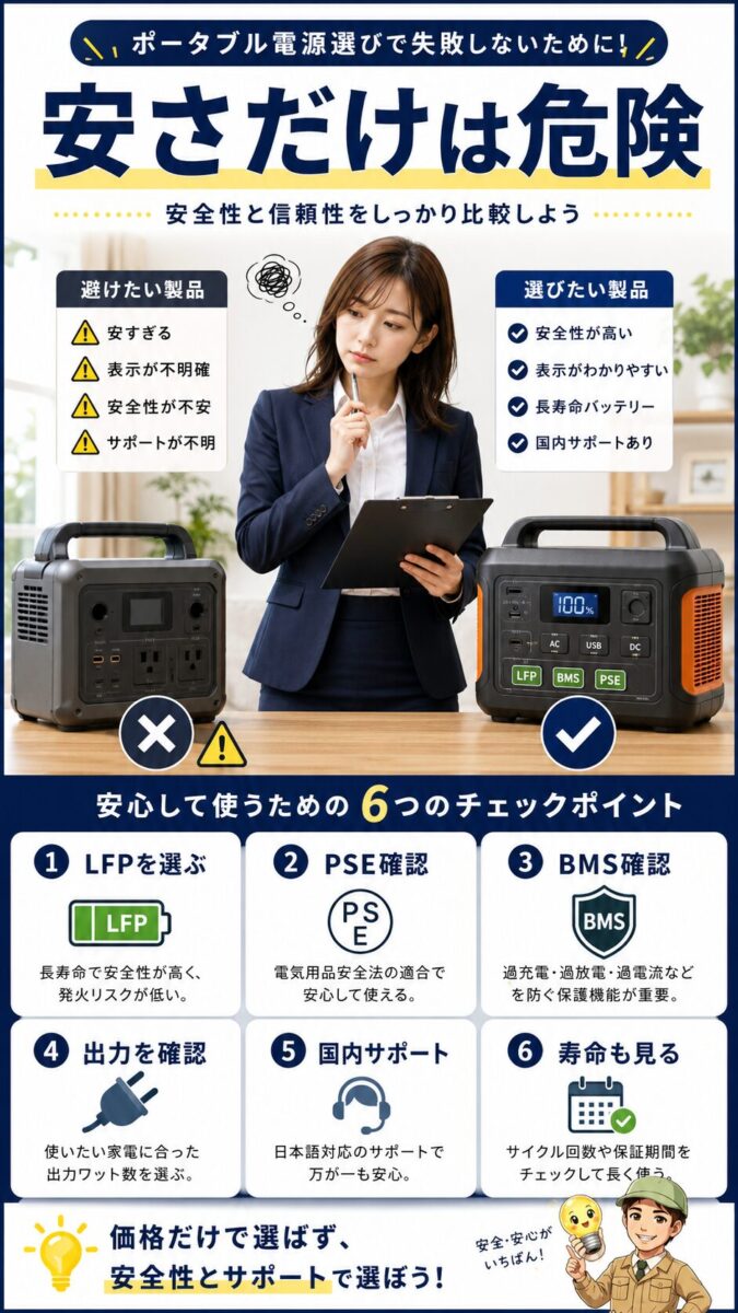 買ってはいけないポータブル電源の特徴と安全な選び方を比較する画像