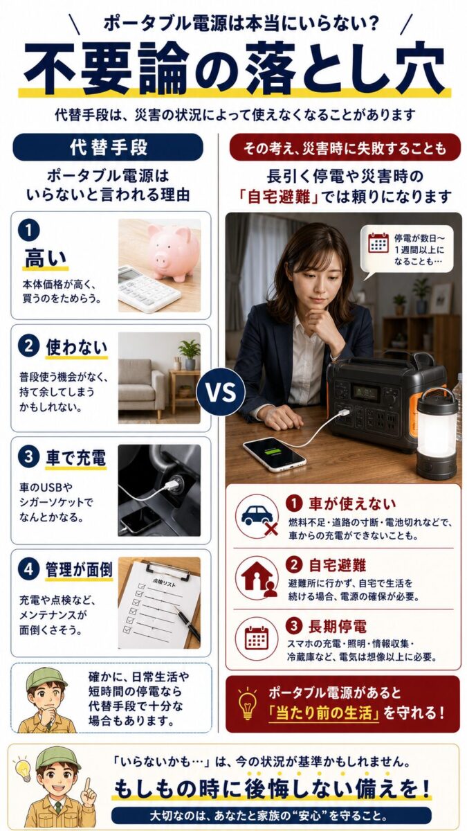 ポータブル電源不要論の理由と崩れやすい災害シーンを比較した画像