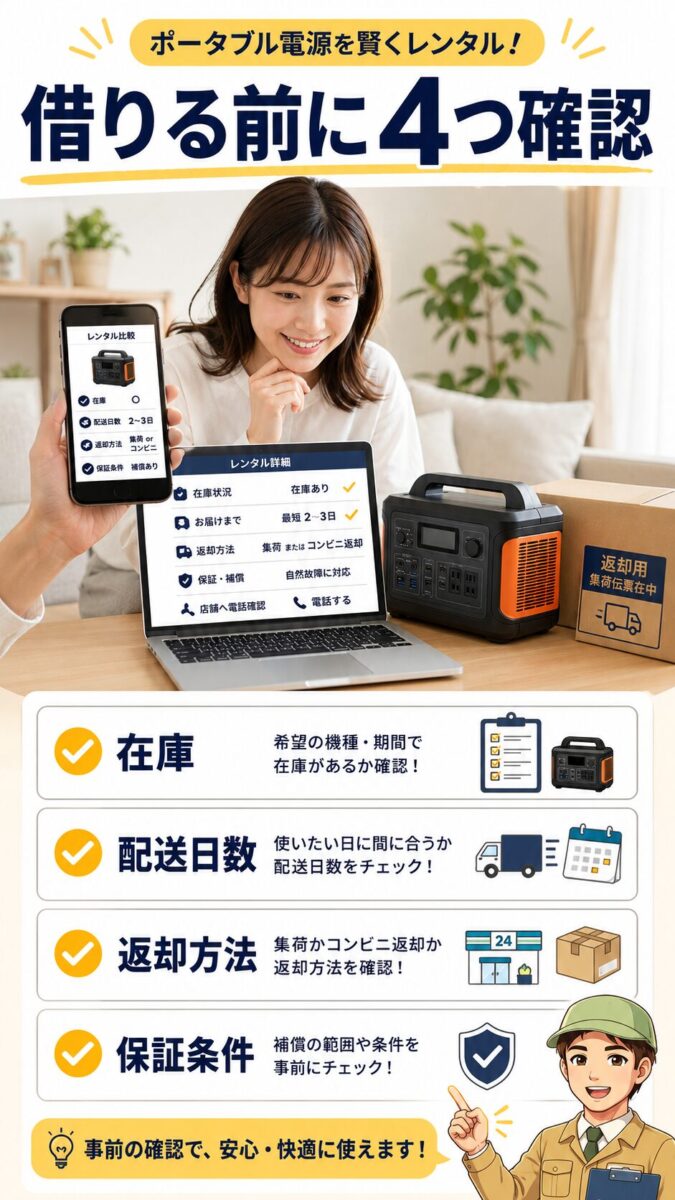 ポータブル電源レンタル前に在庫や配送日数を確認する画像