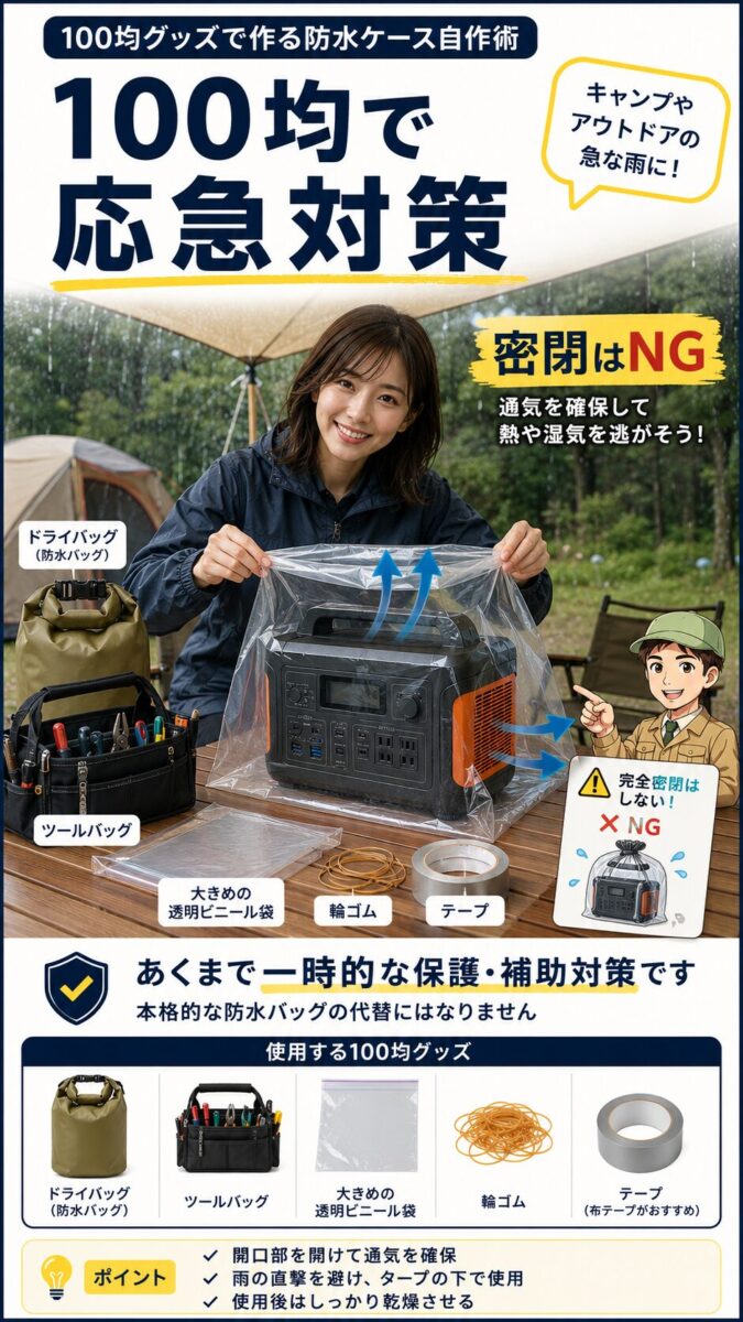 100均の防水バッグやポリ袋でポータブル電源の応急防水ケースを作る