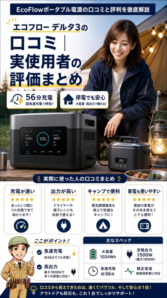 EcoFlow DELTA 3の使用感や口コミ評価をまとめたキャンプシーンの画像