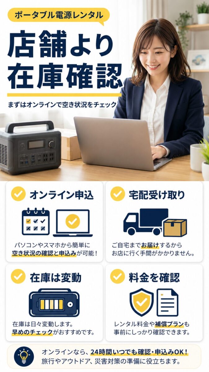 オンライン家電レンタルでポータブル電源の在庫を確認する女性の画像
