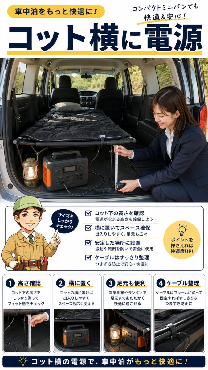 フリード車中泊でコットとポータブル電源を共存させる配置画像
