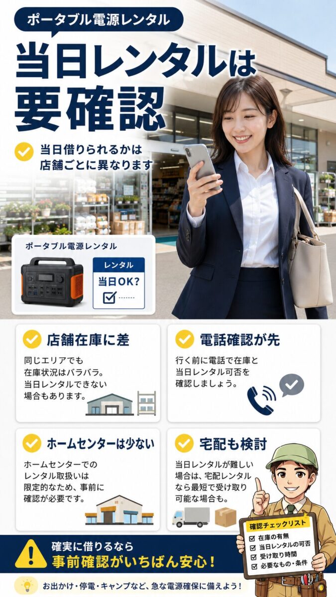ポータブル電源を当日レンタルできる店舗は事前確認が必要なことを示す画像