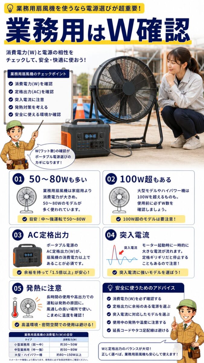 業務用扇風機のワット数とポータブル電源の定格出力確認ポイントを示す画像