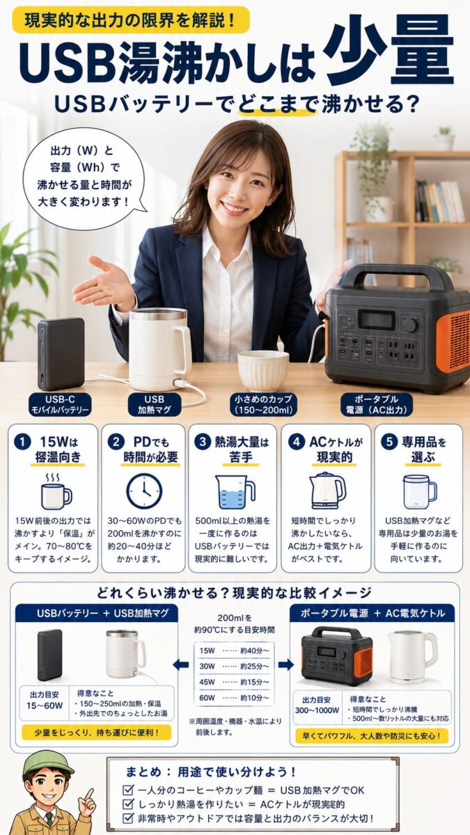 USBバッテリーでお湯を沸かす方法と出力不足による現実的な限界を説明する画像