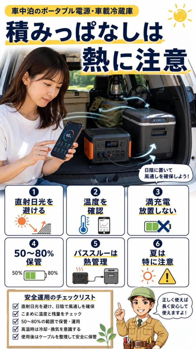 車中泊でポータブル電源を積みっぱなしにする際の熱管理とバッテリー劣化対策の画像