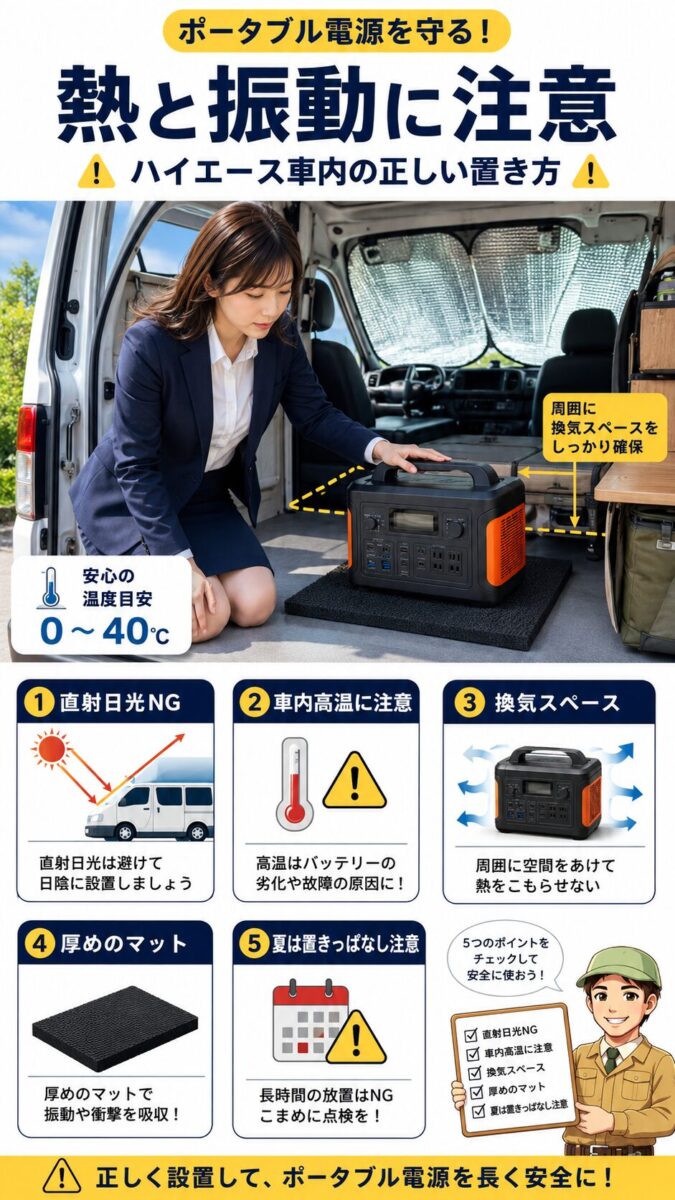ハイエース車内でポータブル電源を熱と振動から守るための設置対策を示す画像
