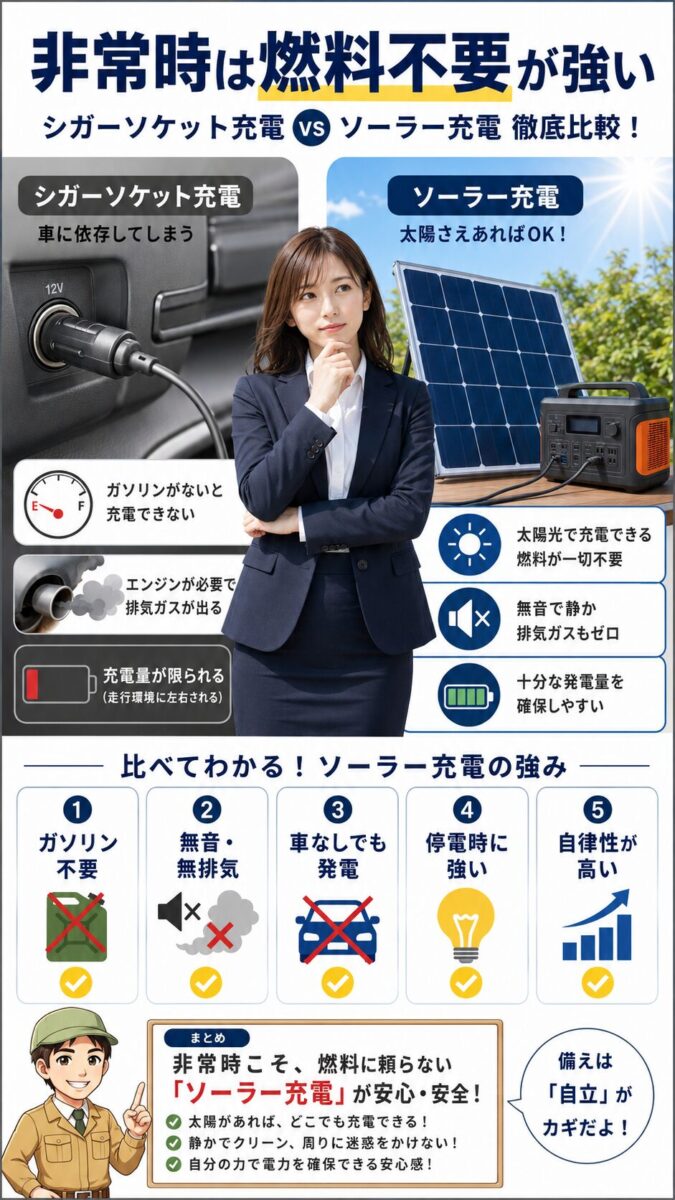 シガーソケット充電とソーラーパネル充電の違いを非常時の自律性で比較する画像