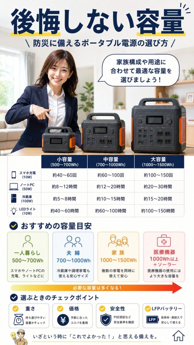 防災で後悔しないポータブル電源の容量おすすめを家族構成別に示した画像