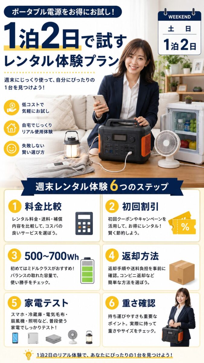 ポータブル電源を1泊2日で安くレンタルして試す手順の画像