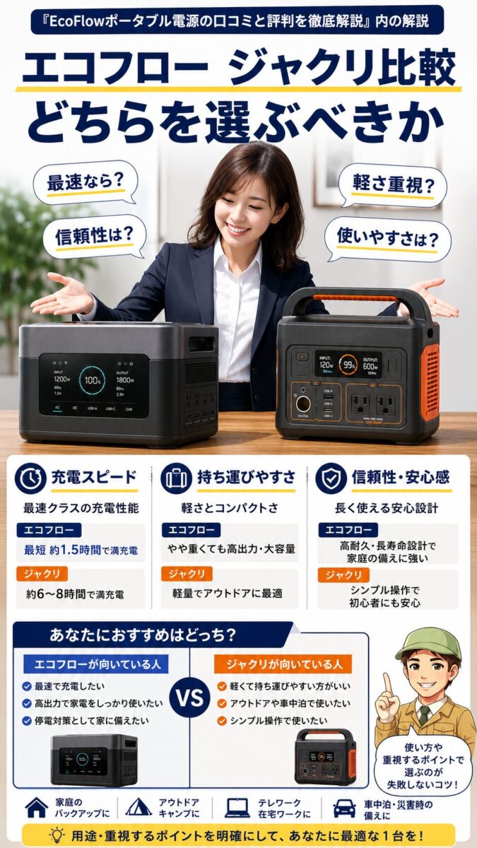 EcoFlowとJackeryの違いを比較しながら選び方を紹介するインフォグラフィック画像