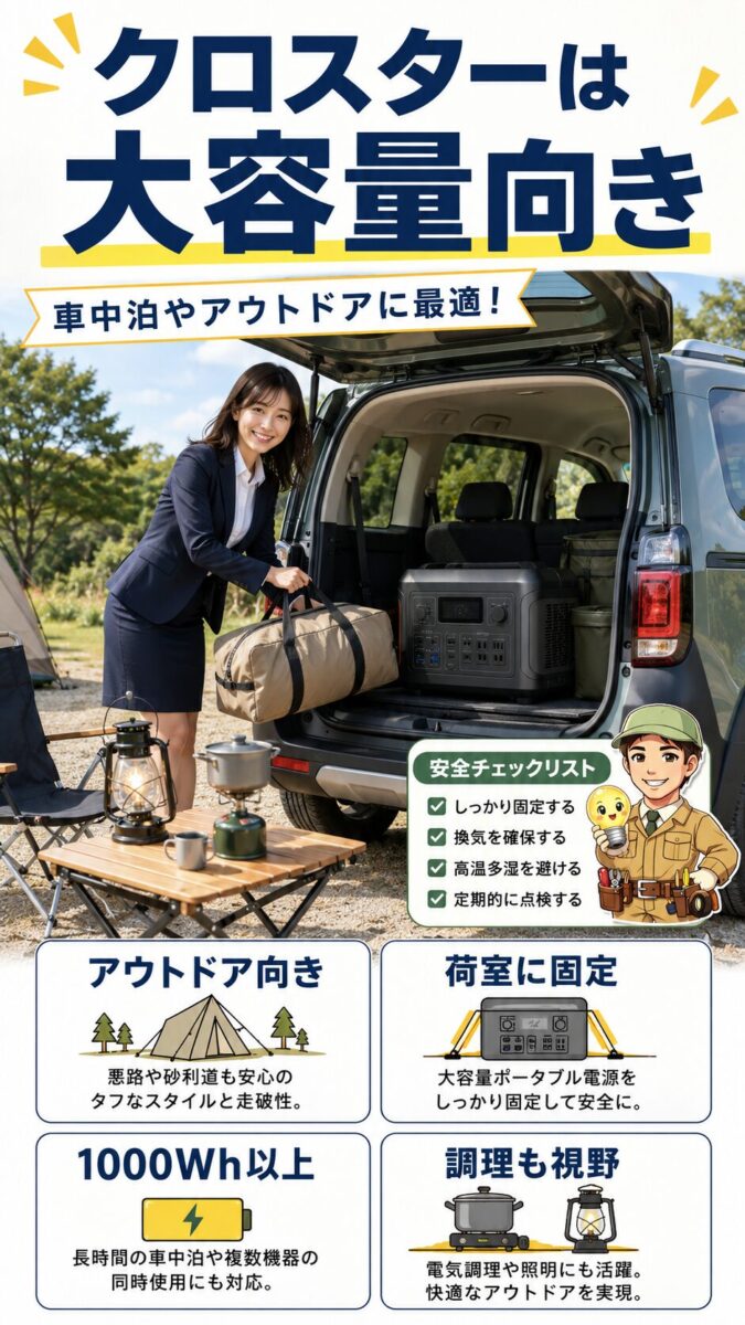 フリードクロスター6人乗りで大容量ポータブル電源を荷室に積む車中泊画像