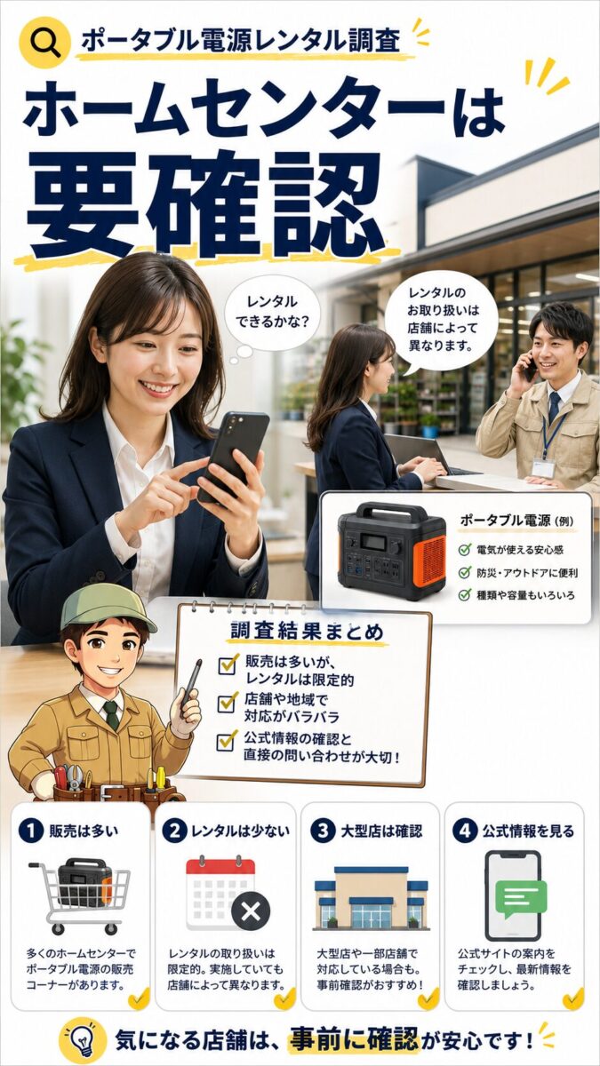 ホームセンターでポータブル電源をレンタルできるか事前確認する様子を示す画像
