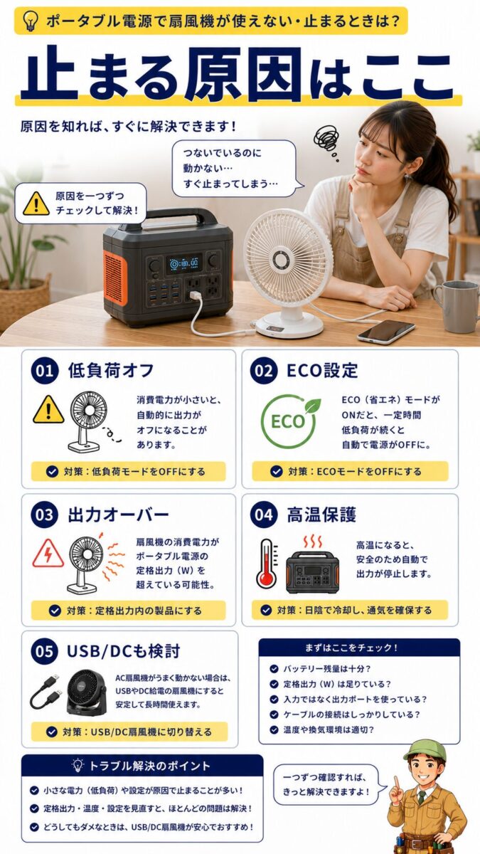 ポータブル電源で扇風機が止まる原因と対策を示すトラブル解説画像
