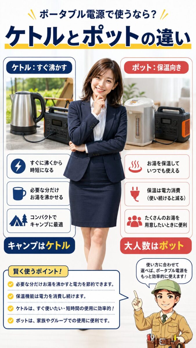ポータブル電源で使う電気ケトルと電気ポットの違いと使い分けを比較する画像