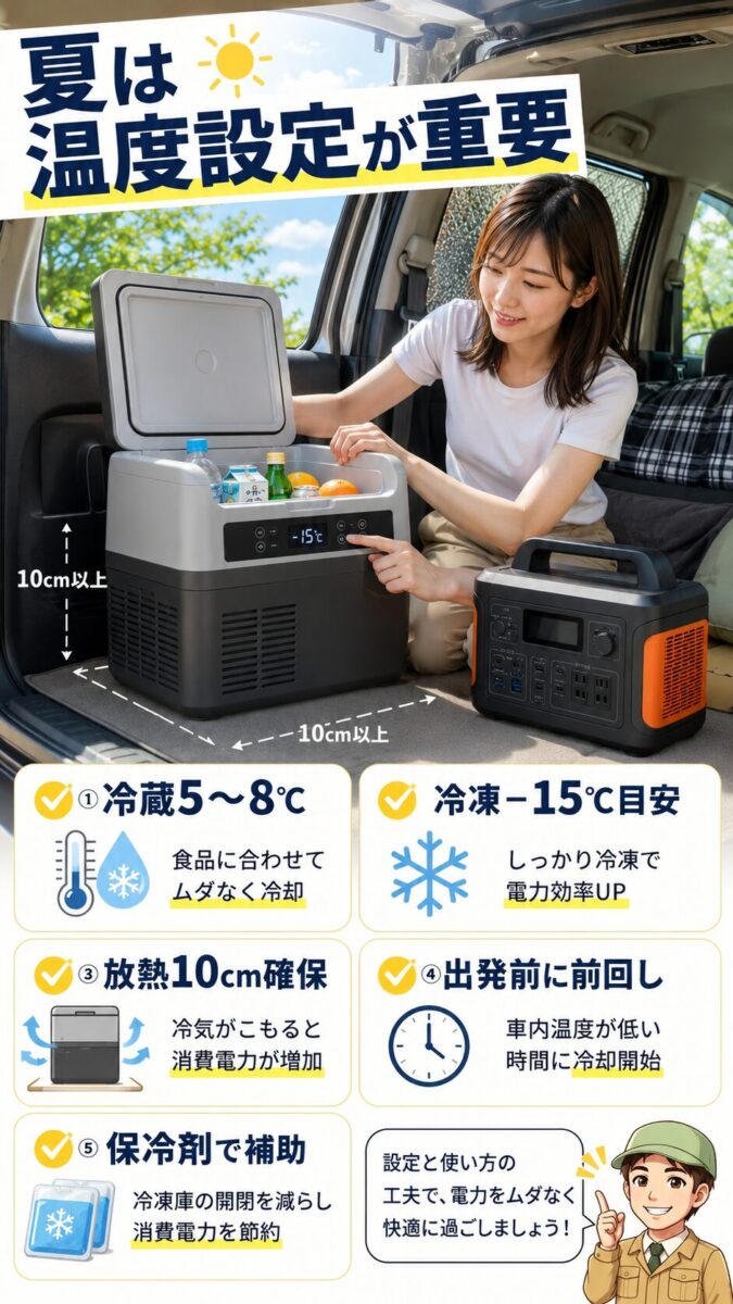 夏の車中泊で冷蔵庫の設定温度と放熱対策により消費電力を抑える画像