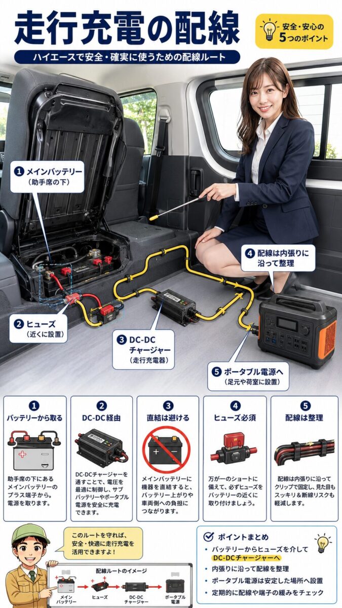 ハイエースの助手席下メインバッテリーからDC-DCチャージャーを経由してポータブル電源へ配線する画像
