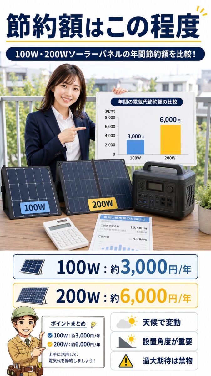 100Wと200Wのソーラーパネルで得られる年間節約額の目安を比較する画像