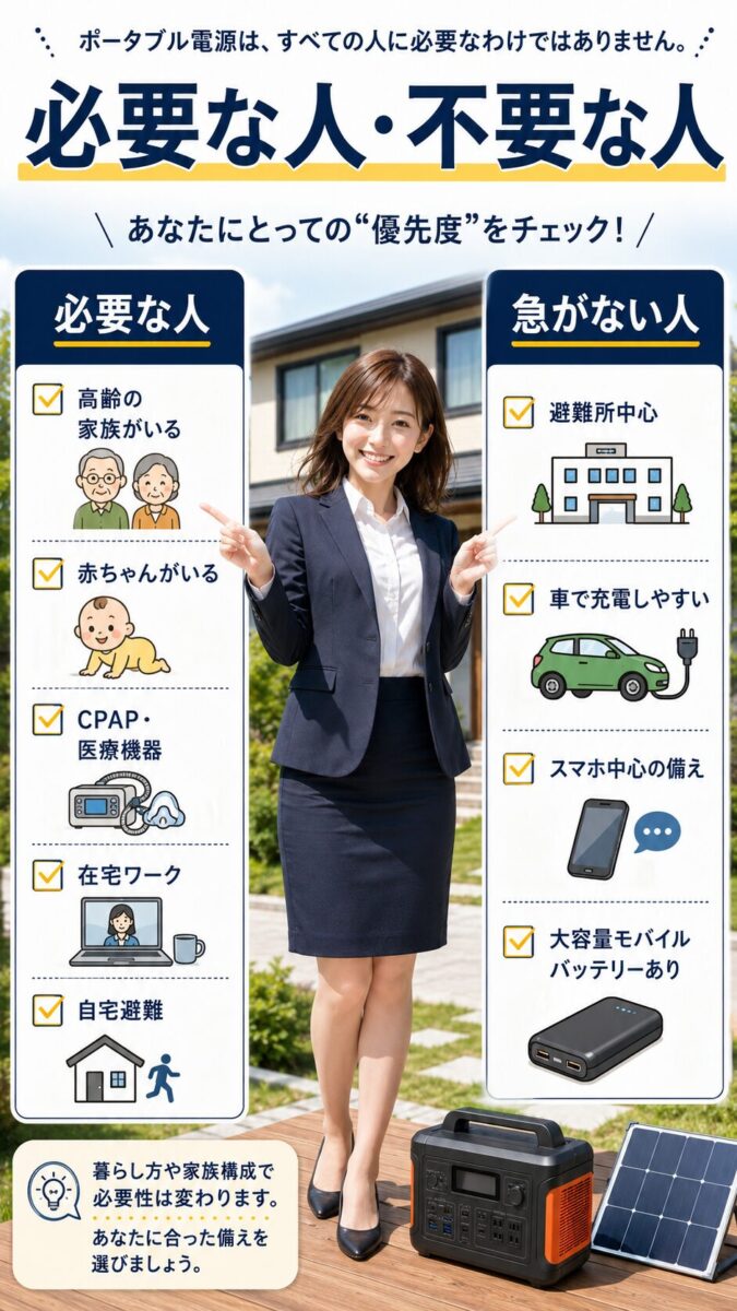 防災用ポータブル電源が必要な人と急いで買わなくてもよい人を比較した画像