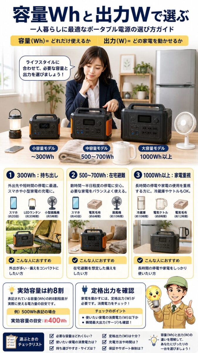 一人暮らし向けポータブル電源の容量Whと定格出力Wの選び方を説明する画像