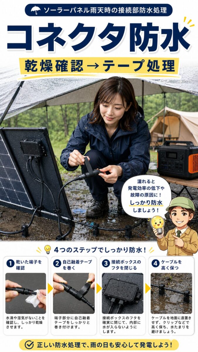 雨天時に乾いたソーラーコネクタへ自己融着テープを巻いて防水処理する