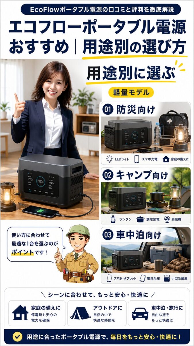 用途別におすすめのEcoFlowポータブル電源を紹介する縦長比較画像