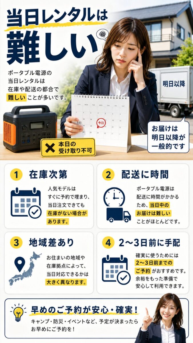 ポータブル電源の当日レンタルが難しい理由と事前手配の必要性を示す画像