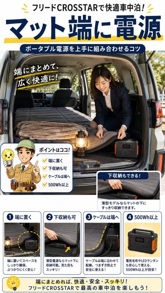 フリードクロスターの車中泊マットとポータブル電源の配置を示す画像