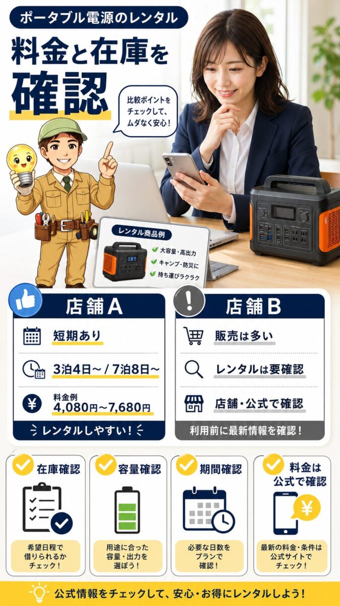 ポータブル電源レンタルの料金や在庫を公式情報で確認する画像